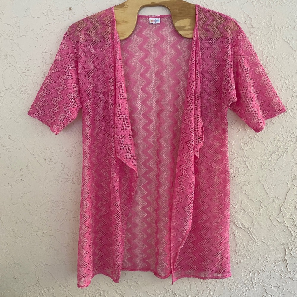 LuLaRoe Pink Crochet Beach Coverup‎ Open Front Kimono Cardigan Size L Resortwear
